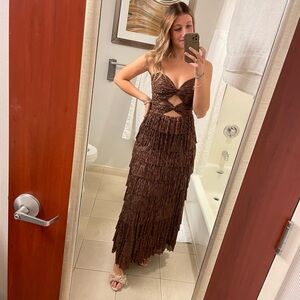 Gianni Bini Grace Metallic Plisse Sweetheart Neck Cut-Out Tiered Dress